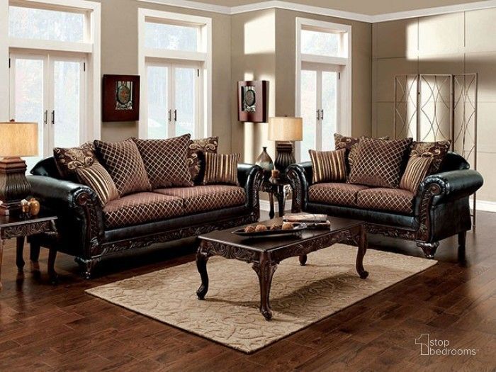 The appearance of San Roque Crosshatch Brown Espresso And Dark Cherry Living Room Set designed by Furniture of America in the transitional interior design. This brown piece of furniture  was selected by 1StopBedrooms from San Roque Collection to add a touch of cosiness and style into your home. Sku: SM7635N-SF;SM7635N-LV. Material: Wood. Product Type: Living Room Set. Image1