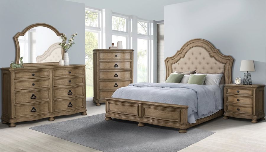 The appearance of Sandblast Brown Upholstered Panel Bedroom Set designed by Avalon Furniture in the traditional interior design. This pecan piece of furniture  was selected by 1StopBedrooms from Sandblast Collection to add a touch of cosiness and style into your home. Sku: B00216 5H;B00216 5F;B00216 56R;B00216 N. Product Type: Bedroom Set. Bed Size: Queen. Material: Poplar. Image1