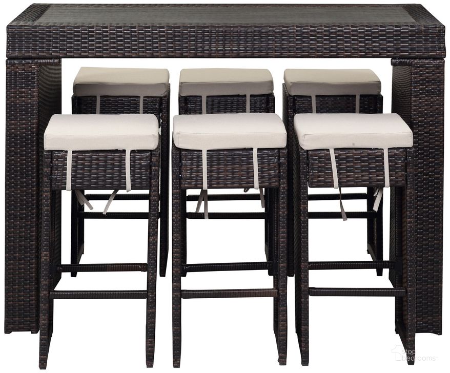 The appearance of Sanders Brown and Sand 7-Piece Outdoor Bar Set designed by Safavieh in the transitional interior design. This sand brown piece of furniture  was selected by 1StopBedrooms from Sanders Collection to add a touch of cosiness and style into your home. Sku: PAT2502B. Product Type: Outdoor Bar Furniture. Image1