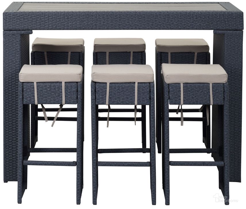 The appearance of Sanders Titanium and Sand 7-Piece Outdoor Bar Set designed by Safavieh in the transitional interior design. This sand piece of furniture  was selected by 1StopBedrooms from Sanders Collection to add a touch of cosiness and style into your home. Sku: PAT2502A. Product Type: Outdoor Bar Furniture. Image1