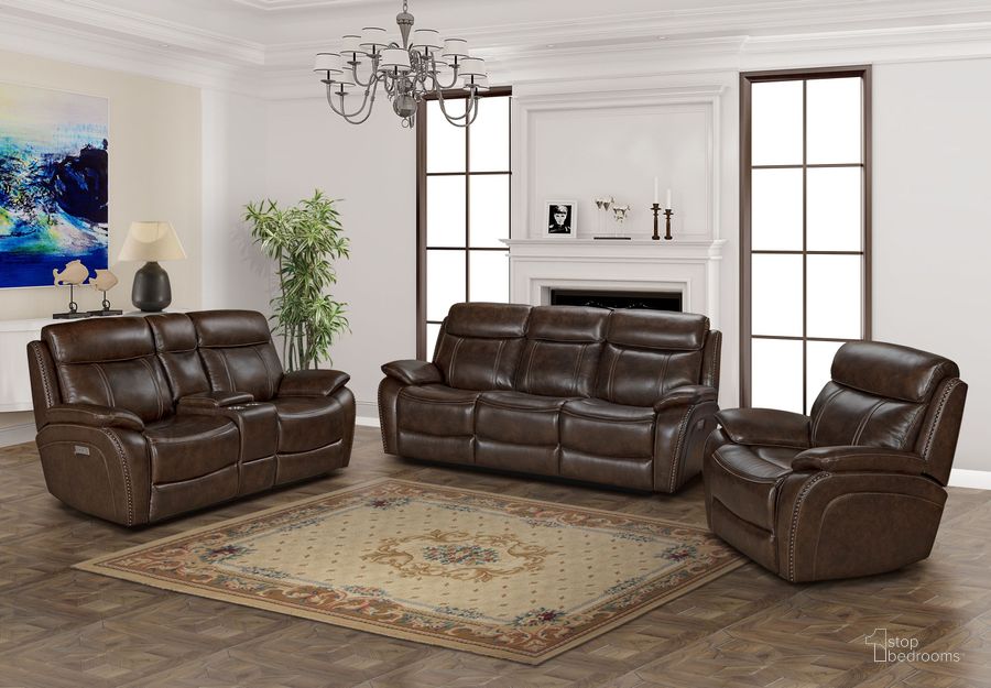 The appearance of Sandover Tri-Tone Chocolate Power Reclining Living Room Set with Power Headrest And Lumbar designed by BarcaLounger in the modern / contemporary interior design. This brown piece of furniture  was selected by 1StopBedrooms from Sandover Collection to add a touch of cosiness and style into your home. Sku: 39PHL3703371386;24PHL3703371386. Material: Leather. Product Type: Living Room Set. Image1