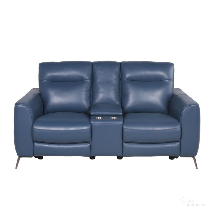 The appearance of Sansa Power Reclining Console Loveseat In Blue designed by Steve Silver in the  interior design. This blue piece of furniture  was selected by 1StopBedrooms from Sansa Collection to add a touch of cosiness and style into your home. Sku: SA850CL. Product Type: Reclining Loveseat. Material: Plywood. Image1