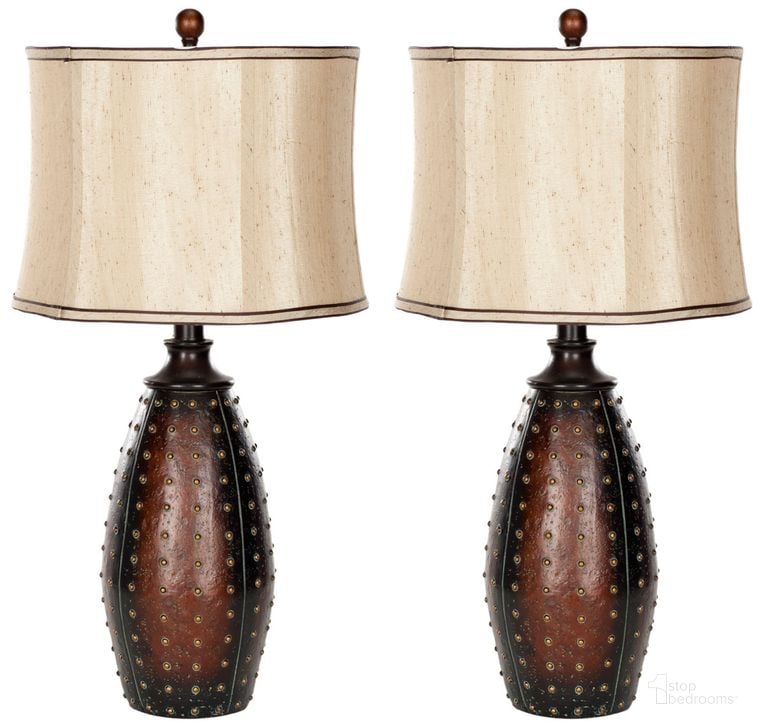 The appearance of Santa Fe Faux Leather Lamp Set of 2 designed by Safavieh in the modern / contemporary interior design. This brown piece of furniture  was selected by 1StopBedrooms from Santa Collection to add a touch of cosiness and style into your home. Sku: LIT4038A-SET2. Product Type: Table Lamp. Image1