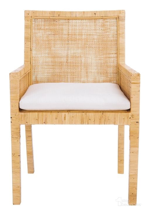 The appearance of Sarai Accent Chair with Cushion in Natural and White designed by Safavieh in the coastal interior design. This natural/white piece of furniture  was selected by 1StopBedrooms from Sarai Collection to add a touch of cosiness and style into your home. Sku: ACH6520A. Product Type: Accent Chair. Material: Rattan. Image1