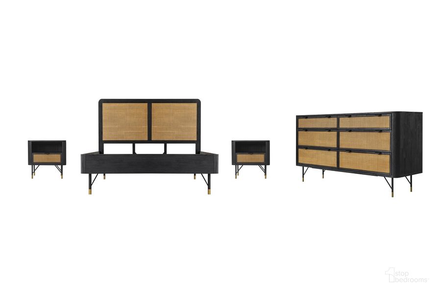 The appearance of Saratoga 4-Piece Queen Bedroom Set In Black Acacia Wood and Rattan designed by Armen Living in the transitional interior design. This black piece of furniture  was selected by 1StopBedrooms from Saratoga Collection to add a touch of cosiness and style into your home. Sku: LCSRBDBLQNBX1;LCSRBDBLQNBX2;LCSRBDBLQNBX3;LCSRLABL;LCSRLABL;LCSRDRBL. Material: Wood. Product Type: Bedroom Set. Bed Size: Queen. Image1