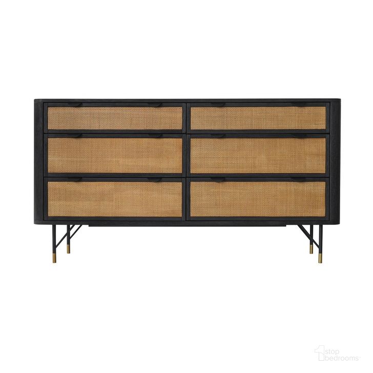 The appearance of Saratoga 6 Drawer Dresser In Black Acacia with Rattan designed by Armen Living in the transitional interior design. This black piece of furniture  was selected by 1StopBedrooms from Saratoga Collection to add a touch of cosiness and style into your home. Sku: LCSRDRBL. Material: Wood. Product Type: Dresser. Image1