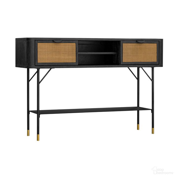The appearance of Saratoga Console Table In Black Acacia with Rattan designed by Armen Living in the transitional interior design. This black piece of furniture  was selected by 1StopBedrooms from Saratoga Collection to add a touch of cosiness and style into your home. Sku: LCSRCNBL. Material: Wood. Product Type: Console Table. Image1