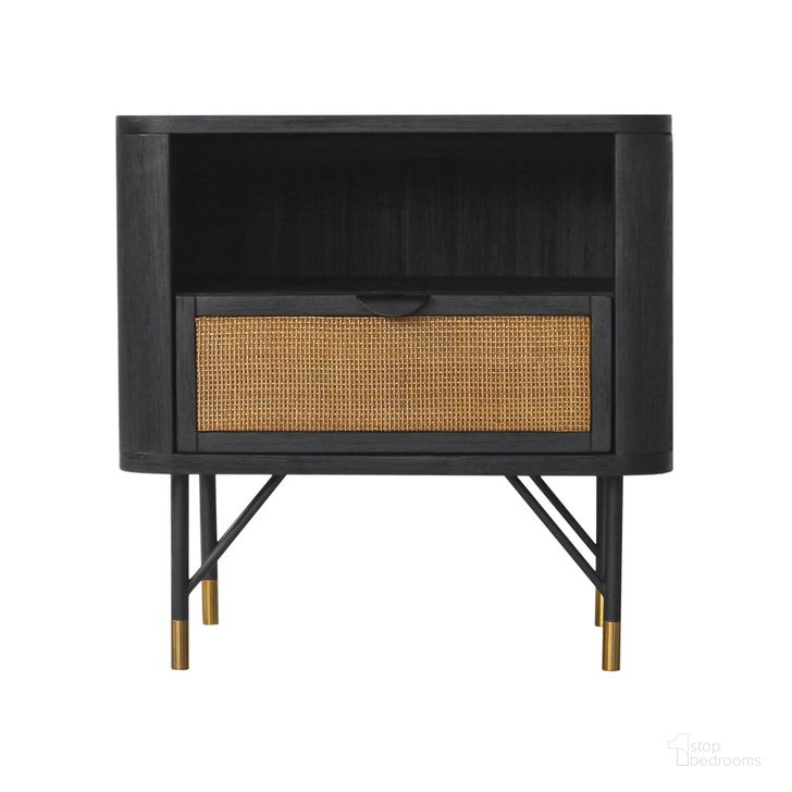 The appearance of Saratoga Nightstand In Black Acacia with Rattan designed by Armen Living in the transitional interior design. This black piece of furniture  was selected by 1StopBedrooms from Saratoga Collection to add a touch of cosiness and style into your home. Sku: LCSRLABL. Material: Wood. Product Type: Nightstand. Image1