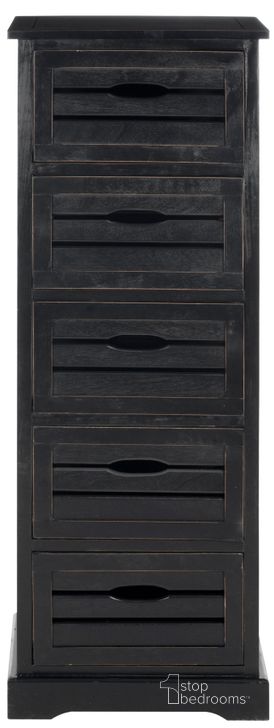 The appearance of Sarina Black 5-Drawer Cabinet designed by Safavieh in the modern / contemporary interior design. This distressed black piece of furniture  was selected by 1StopBedrooms from Sarina Collection to add a touch of cosiness and style into your home. Sku: AMH5714B. Material: Wood. Product Type: Cabinet. Image1