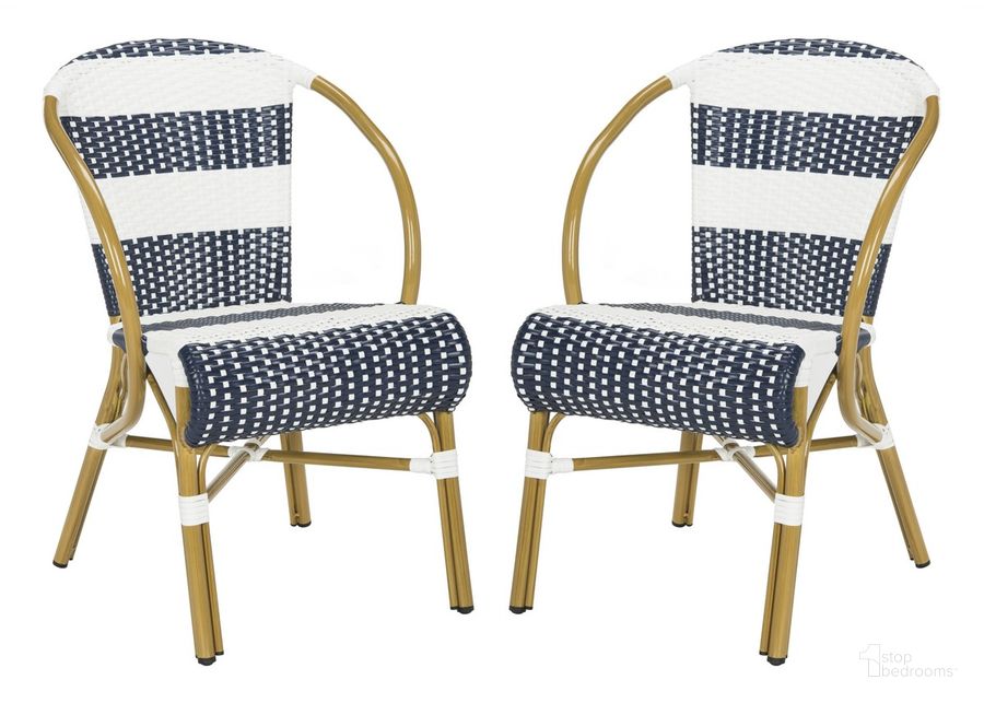 The appearance of Sarita Navy and White Striped French Bistro Stacking Side Chair Set of 2 designed by Safavieh in the modern / contemporary interior design. This white navy piece of furniture  was selected by 1StopBedrooms from Safavieh PAT Collection to add a touch of cosiness and style into your home. Sku: PAT4009A-SET2. Product Type: Side Chair. Material: Aluminium. Image1