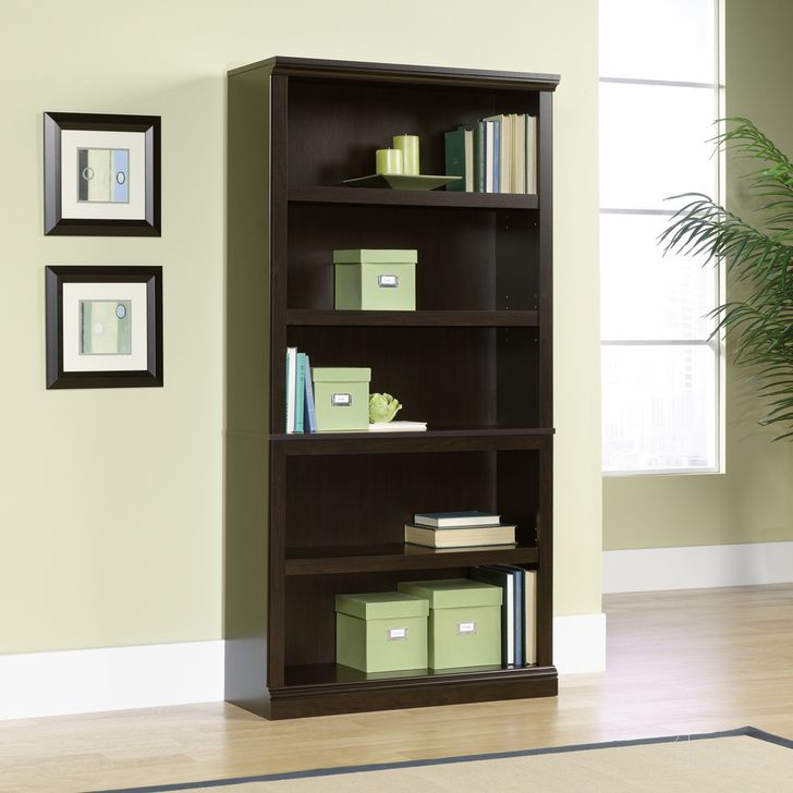 The appearance of Sauder Select 5-Shelf Bookcase In Jamocha Wood designed by Sauder in the transitional interior design. This jamocha wood piece of furniture  was selected by 1StopBedrooms from Sauder Select Collection to add a touch of cosiness and style into your home. Sku: 410375. Product Type: Bookcase. Material: Engineered Wood. Image1