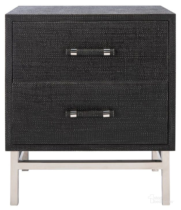 The appearance of Sawyer Faux Shagreen Nightstand In Black And Silver designed by Safavieh Couture in the modern / contemporary interior design. This silver piece of furniture  was selected by 1StopBedrooms from Ranger Collection to add a touch of cosiness and style into your home. Sku: SFV1526C. Product Type: Nightstand. Material: MDF. Image1