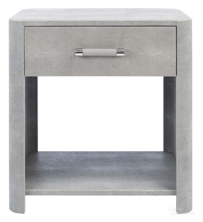 The appearance of Sawyer Faux Shagreen Nightstand In Grey And Silver designed by Safavieh Couture in the modern / contemporary interior design. This grey and silver piece of furniture  was selected by 1StopBedrooms from Sawyer Collection to add a touch of cosiness and style into your home. Sku: SFV1525A. Product Type: Nightstand. Material: MDF. Image1
