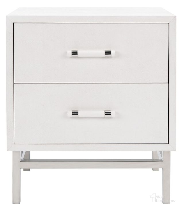 The appearance of Sawyer Faux Shagreen Nightstand In Ivory And Silver designed by Safavieh Couture in the modern / contemporary interior design. This ivory and silver piece of furniture  was selected by 1StopBedrooms from Ranger Collection to add a touch of cosiness and style into your home. Sku: SFV1526B. Product Type: Nightstand. Material: MDF. Image1