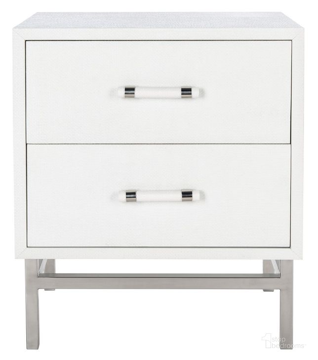 The appearance of Sawyer Faux Shagreen Nightstand In White And Silver designed by Safavieh Couture in the modern / contemporary interior design. This white and silver piece of furniture  was selected by 1StopBedrooms from Ranger Collection to add a touch of cosiness and style into your home. Sku: SFV1526D. Product Type: Nightstand. Material: MDF. Image1