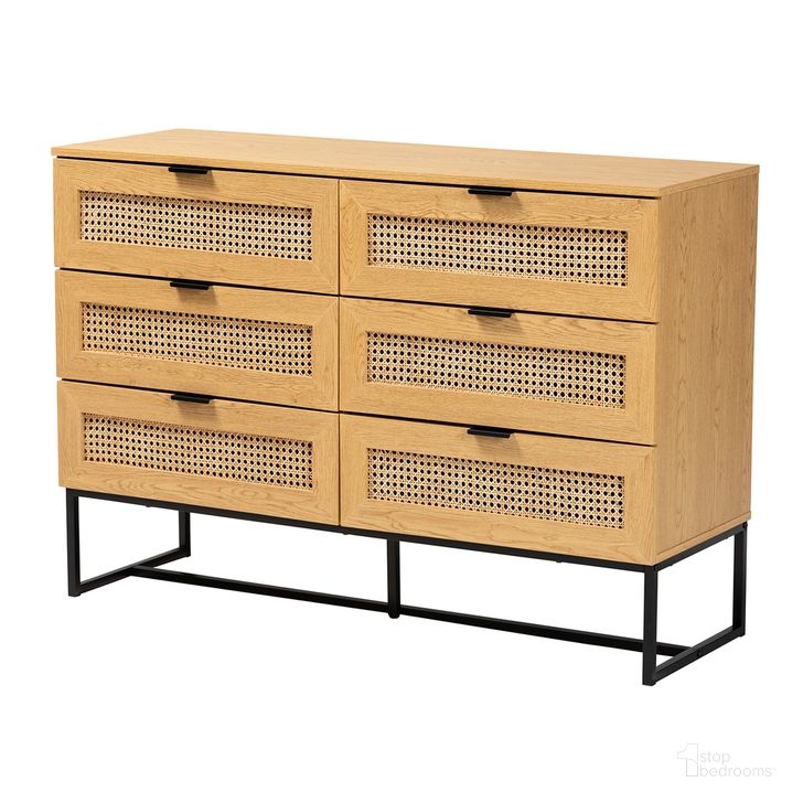 The appearance of Sawyer Wood and Metal 6 Drawer Storage Cabinet with Natural Rattan In Oak Brown and Black designed by Baxton Studio in the transitional interior design. This brown/black piece of furniture  was selected by 1StopBedrooms from Sawyer Collection to add a touch of cosiness and style into your home. Sku: LCF20220221-Oak Brown-6DW-Cabinet. Material: Natural Rattan. Product Type: Storage Cabinet. Image1