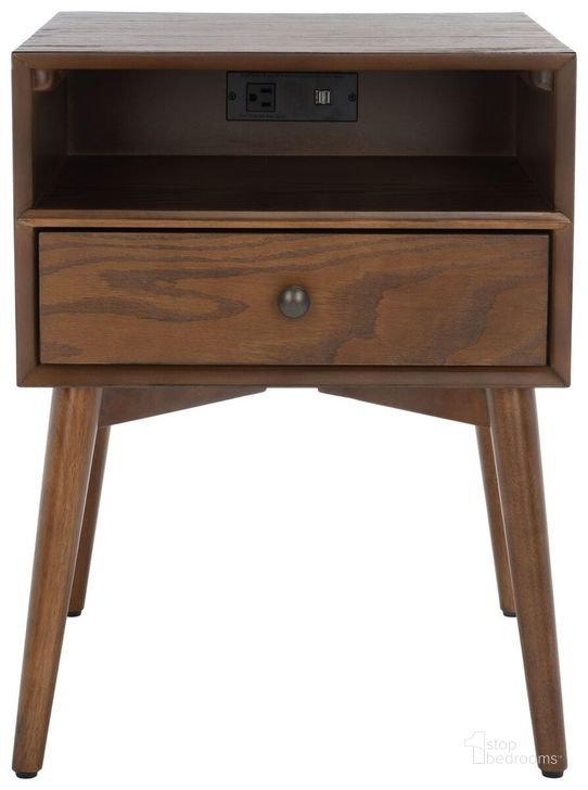 The appearance of Scully Nightstand with Usb in Gold NST6408C designed by Safavieh in the modern / contemporary interior design. This brown piece of furniture  was selected by 1StopBedrooms from Scully Collection to add a touch of cosiness and style into your home. Sku: NST6408C. Material: Wood. Product Type: Nightstand. Image1