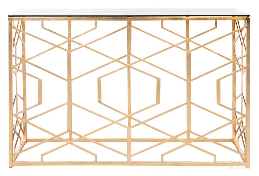 The appearance of Sean Gold Leaf Console Table designed by Safavieh Couture in the transitional interior design. This gold piece of furniture  was selected by 1StopBedrooms from Sean Collection to add a touch of cosiness and style into your home. Sku: AMH8342A. Material: Metal. Product Type: Console Table. Image1