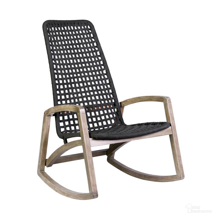 The appearance of Sequoia Outdoor Patio Rocking Chair In Light Eucalyptus Wood and Charcoal Rope designed by Armen Living in the transitional interior design. This black piece of furniture  was selected by 1StopBedrooms from Sequoia Collection to add a touch of cosiness and style into your home. Sku: 840254332287. Material: Steel. Product Type: Outdoor Chair. Image1