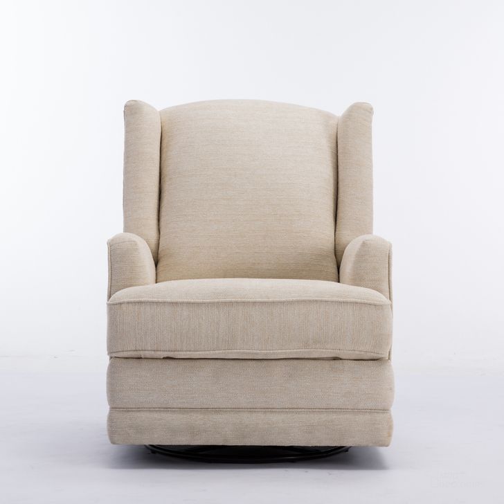 The appearance of Serelda Wingback Swivel Glider Recliner In Beige designed by Comfort Pointe in the transitional interior design. This beige piece of furniture  was selected by 1StopBedrooms from Serelda Collection to add a touch of cosiness and style into your home. Sku: 8120-16. Product Type: Recliner. Material: Plywood. Image1