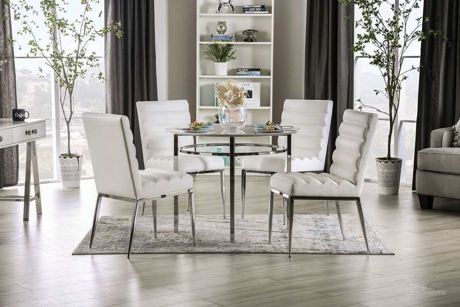 The appearance of Serena White And Chrome Round Dining Room Set designed by Furniture of America in the modern / contemporary interior design. This white piece of furniture  was selected by 1StopBedrooms from Serena Collection to add a touch of cosiness and style into your home. Sku: FOA3797RT;FOA3746SC-2PK. Material: Wood. Product Type: Dining Room Set. Size: 39". Image1