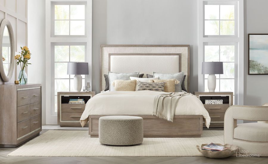 The appearance of Serenity Beige And Gray Washed Oak And Textured Light Gray Rookery upholstered Panel Bedroom Set designed by Hooker in the transitional interior design. This beige and gray piece of furniture  was selected by 1StopBedrooms from Serenity Collection to add a touch of cosiness and style into your home. Sku: 6350-90253-95;6350-90267-95;6350-90268-95;6350-90016-95. Product Type: Bedroom Set. Bed Size: King. Material: Wood Veneer. Image1
