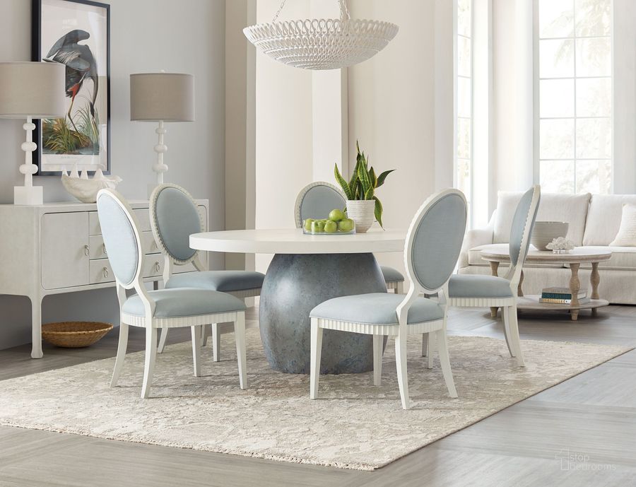 The appearance of Serenity Textured Sandblasted White And Blue Gray Faux Stone Laguna Round Dining Room Set designed by Hooker in the transitional interior design. This gray and white piece of furniture  was selected by 1StopBedrooms from Serenity Collection to add a touch of cosiness and style into your home. Sku: 6350-75201B-00;6350-75201T-02;6350-75810-02. Material: Wood. Product Type: Dining Room Set. Image1