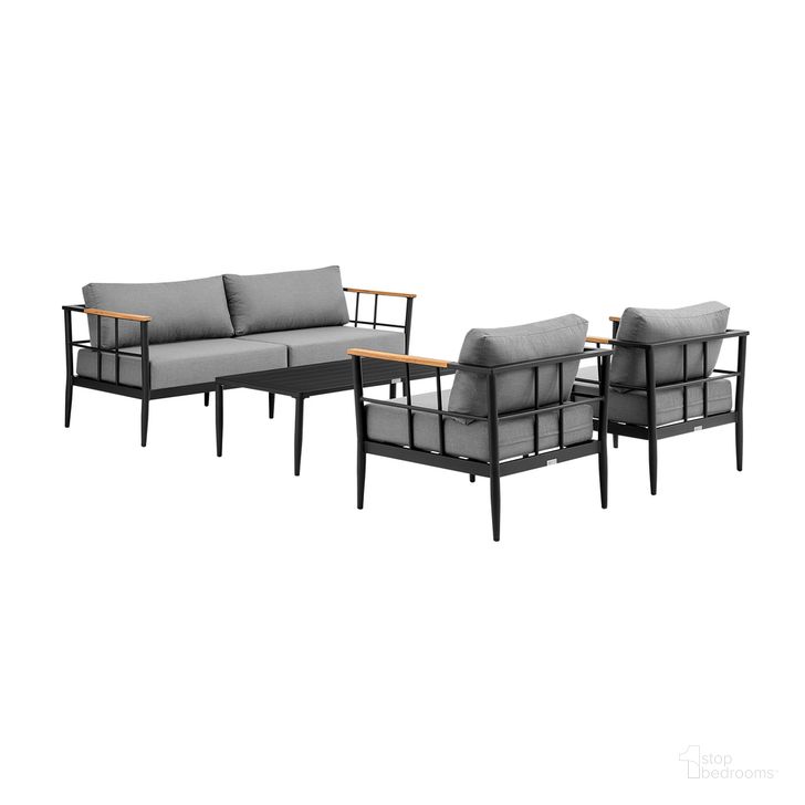 The appearance of Shari Outdoor Patio 4-Piece Lounge Set In Aluminum with Teak Wood and Gray Cushions designed by Armen Living in the modern / contemporary interior design. This dark gray piece of furniture  was selected by 1StopBedrooms from Shari Collection to add a touch of cosiness and style into your home. Sku: 795154122141BX4;795154122141BX2;795154122141BX1;795154122141BX3. Material: Aluminum. Product Type: Outdoor Conversation Set. Image1