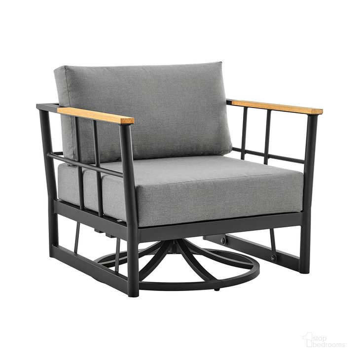 The appearance of Shari Outdoor Patio Swivel Glider Lounge Chair In Black Aluminum and Teak Wood with Cushions designed by Armen Living in the modern / contemporary interior design. This dark gray piece of furniture  was selected by 1StopBedrooms from Shari Collection to add a touch of cosiness and style into your home. Sku: 840254332546. Material: Aluminum. Product Type: Outdoor Chair. Image1