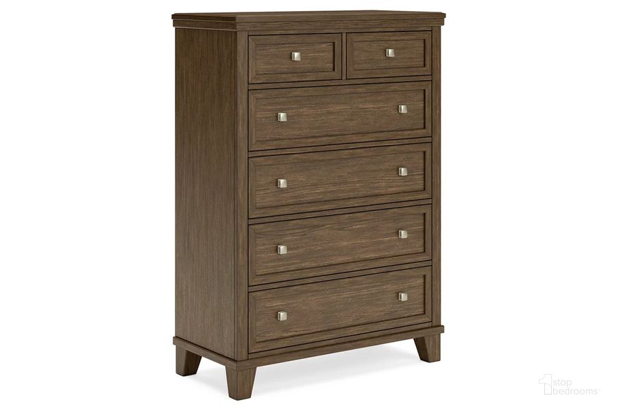 The appearance of Shawbeck Chest Of Drawers In Medium Brown designed by Signature Design by Ashley in the transitional interior design. This medium brown piece of furniture  was selected by 1StopBedrooms from Shawbeck Collection to add a touch of cosiness and style into your home. Sku: B625-46. Material: Wood. Product Type: Chest. Image1