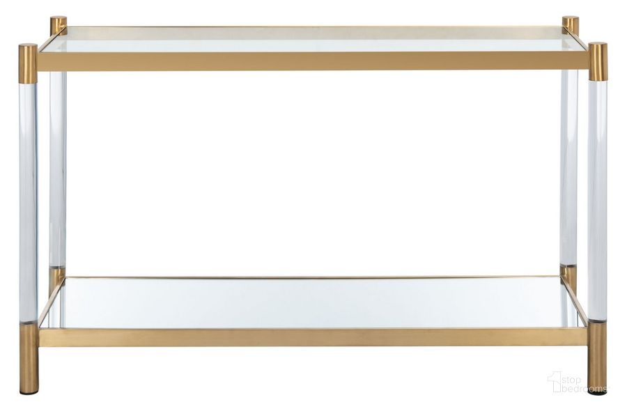 The appearance of Shayla Acrylic Console Table In Brass designed by Safavieh Couture in the modern / contemporary interior design. This brass piece of furniture  was selected by 1StopBedrooms from Shayla Collection to add a touch of cosiness and style into your home. Sku: SFV2545A. Product Type: Console Table. Material: Stainless Steel. Image1