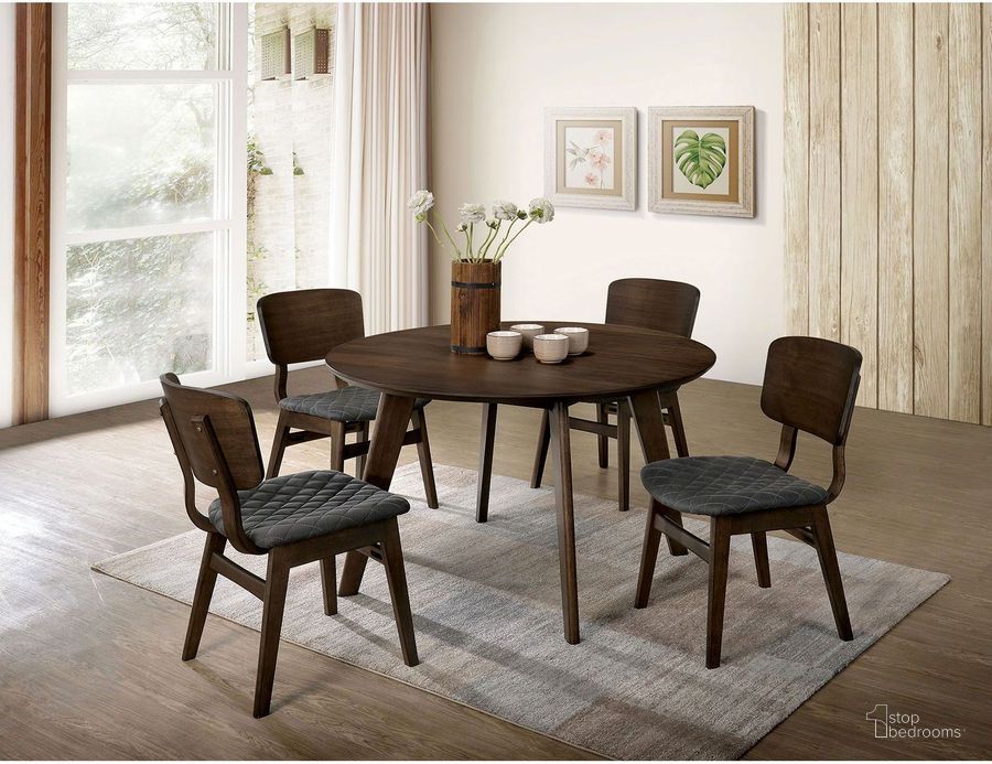 The appearance of Shayna Gray Walnut Round Dining Room Set designed by Furniture of America in the transitional interior design. This brown piece of furniture  was selected by 1StopBedrooms from Shayna Collection to add a touch of cosiness and style into your home. Sku: CM3139RT;CM3139SC-2PK. Material: Wood. Product Type: Dining Room Set. Size: 47". Image1