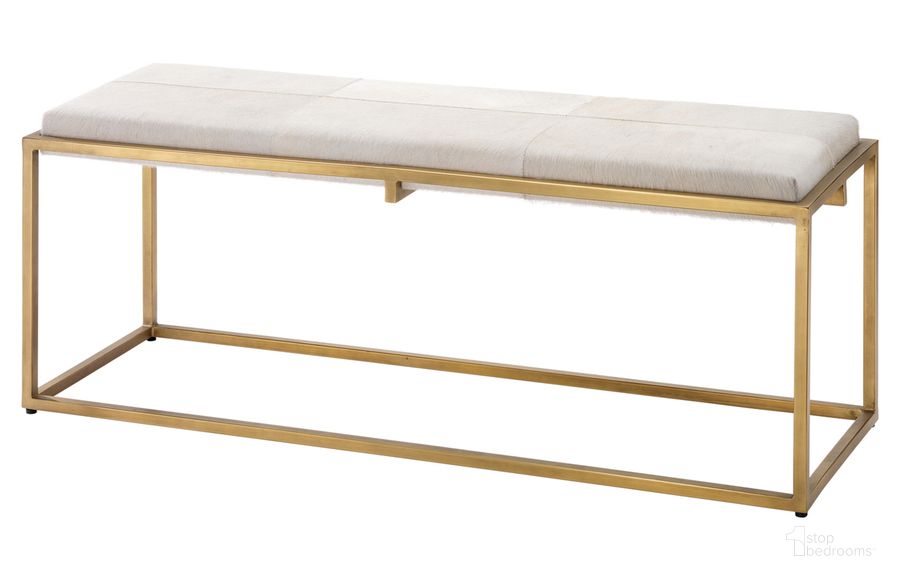 The appearance of Shelby Bench in White Hide & Antique Brass Metal designed by Jamie Young Company in the modern / contemporary interior design. This antique brass piece of furniture  was selected by 1StopBedrooms from Shelby Collection to add a touch of cosiness and style into your home. Sku: 20SHEL-BEWH. Material: Metal. Product Type: Bench. Image1