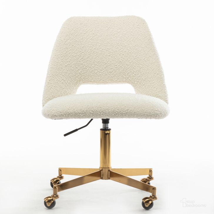 The appearance of Shelby Boucle Rolling Chair In White designed by Aeons in the  interior design. This white piece of furniture  was selected by 1StopBedrooms from  to add a touch of cosiness and style into your home. Sku: AE8515-White. Product Type: Swivel Chair. Material: Plywood. Image1
