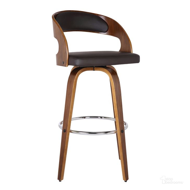 The appearance of Shelly 30 Inch Bar Height Swivel Brown Faux Leather and Walnut Wood Bar Stool designed by Armen Living in the transitional interior design. This brown piece of furniture  was selected by 1StopBedrooms from Shelly Collection to add a touch of cosiness and style into your home. Sku: LCSHBABRWA30. Material: Steel. Product Type: Barstool. Image1