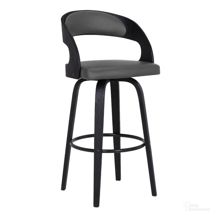 The appearance of Shelly 30 Inch Bar Height Swivel Gray Faux Leather and Black Wood Bar Stool designed by Armen Living in the transitional interior design. This gray piece of furniture  was selected by 1StopBedrooms from Shelly Collection to add a touch of cosiness and style into your home. Sku: LCSHBAGRBL30. Material: Steel. Product Type: Barstool. Image1