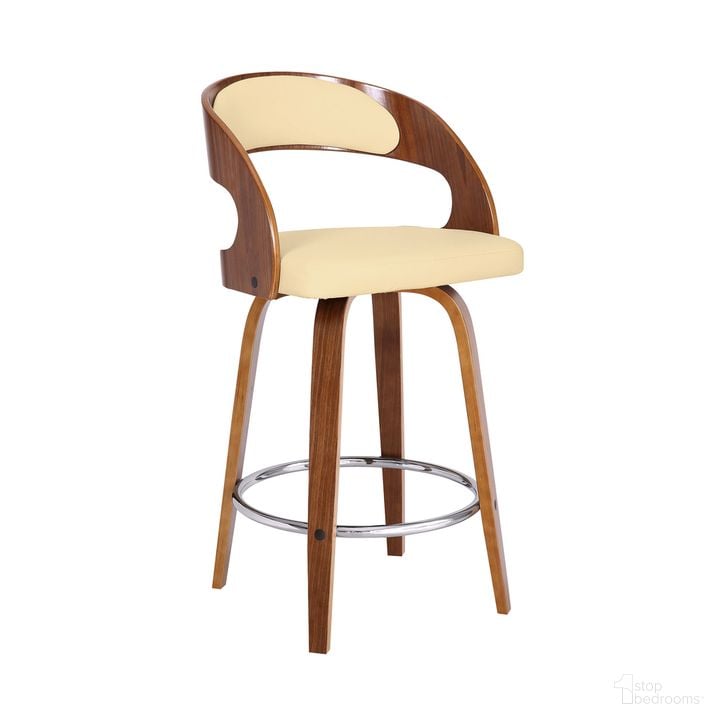 The appearance of Shelly 26 Inch Counter Height Swivel Cream Faux Leather and Walnut Wood Bar Stool designed by Armen Living in the transitional interior design. This cream piece of furniture  was selected by 1StopBedrooms from Shelly Collection to add a touch of cosiness and style into your home. Sku: LCSHBACRWA26. Material: Wood. Product Type: Barstool. Image1