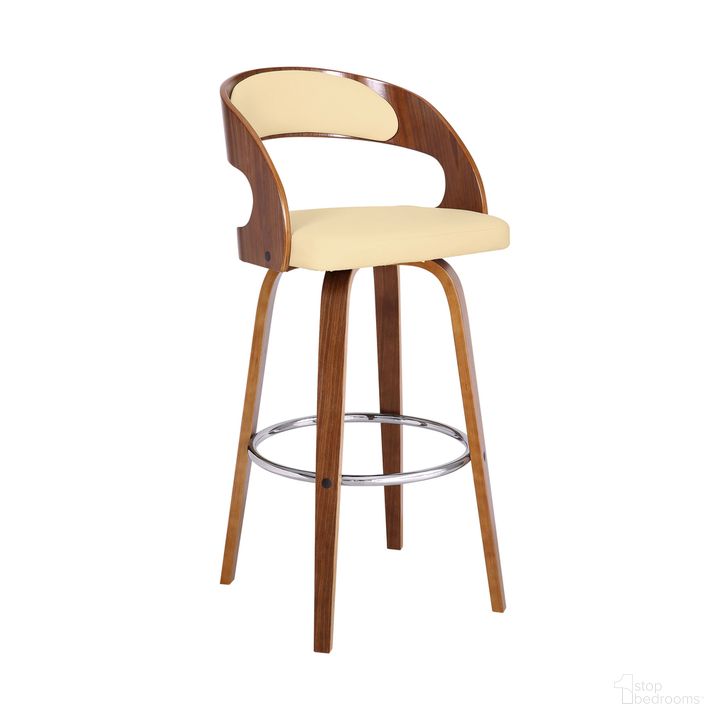 The appearance of Shelly 30 Inch Bar Height Swivel Cream Faux Leather and Walnut Wood Bar Stool designed by Armen Living in the transitional interior design. This cream piece of furniture  was selected by 1StopBedrooms from Shelly Collection to add a touch of cosiness and style into your home. Sku: LCSHBACRWA30. Material: Wood. Product Type: Barstool. Image1