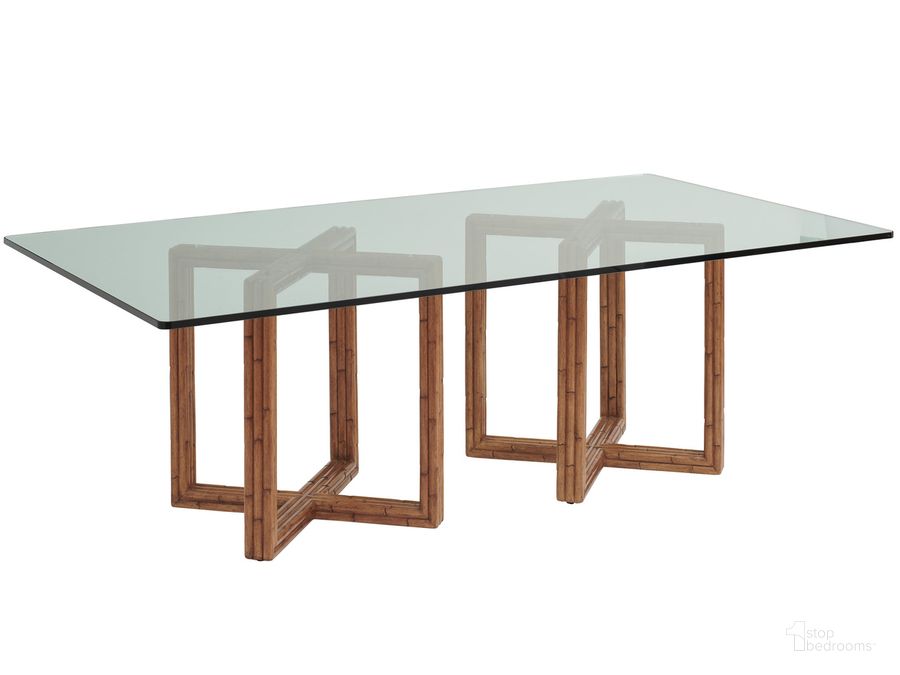 The appearance of Sheridan Glass Top Dining Table 01-0575-870-84C designed by Tommy Bahama in the transitional interior design. This copper piece of furniture  was selected by 1StopBedrooms from Palm Desert Collection to add a touch of cosiness and style into your home. Sku: 01-0575-870-84C. Table Base Style: Double Pedestal. Material: Glass. Product Type: Dining Table. Table Top Shape: Rectangular. Size: 84". Image1