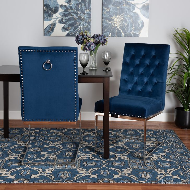 The appearance of Sherine Contemporary Glam and Luxe Navy Blue Velvet Fabric and Silver Metal 2-Piece Dining Chair Set designed by Baxton Studio in the glam interior design. This silver and blue piece of furniture  was selected by 1StopBedrooms from Sherine Collection to add a touch of cosiness and style into your home. Sku: 3504-Navy Blue Velvet-DC. Material: Wood. Product Type: Dining Chair. Image1