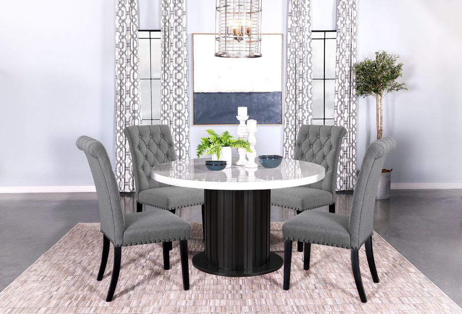 The appearance of Sherry Rustic Espresso And White Round Dining Room Set designed by Coaster in the modern / contemporary interior design. This black and white piece of furniture  was selected by 1StopBedrooms from Sherry Collection to add a touch of cosiness and style into your home. Sku: 115490B1;115490B2;115162. Material: Wood. Product Type: Dining Room Set. Image1