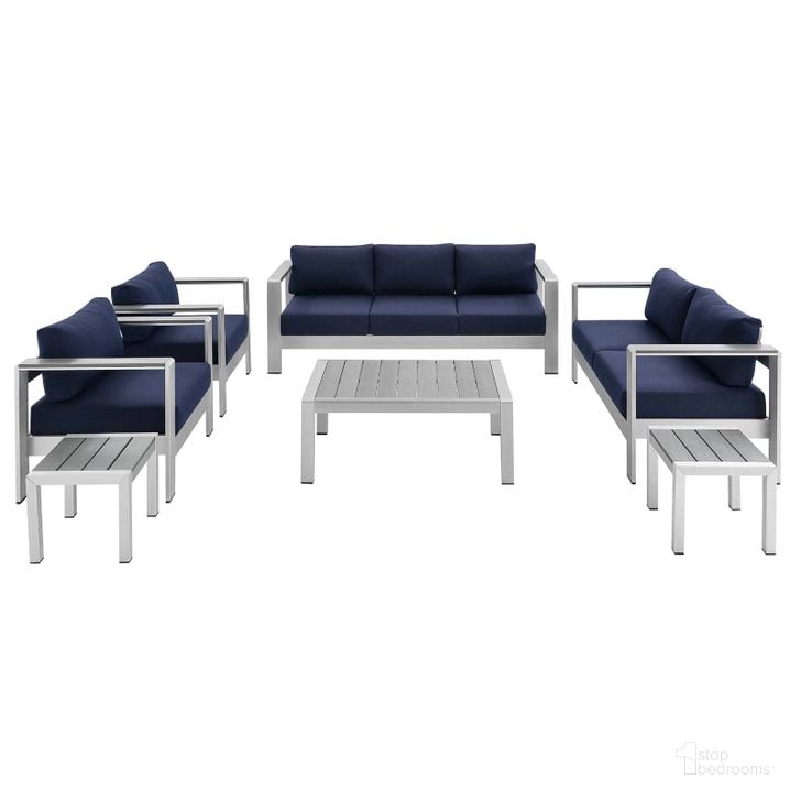 The appearance of Shore Sunbrella Fabric Outdoor Patio Aluminum 7 Piece Set In Silver Navy designed by Modway in the modern / contemporary interior design. This silver navy piece of furniture  was selected by 1StopBedrooms from Shore Collection to add a touch of cosiness and style into your home. Sku: EEI-4322-SLV-NAV-SET. Material: Fabric. Product Type: Outdoor Conversation Set. Image1
