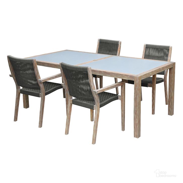 The appearance of Sienna and Madsen 5-Piece Outdoor Eucalyptus Dining Set with Gray Teak Finish designed by Armen Living in the modern / contemporary interior design. This gray piece of furniture  was selected by 1StopBedrooms from Sienna Collection to add a touch of cosiness and style into your home. Sku: LCSIDIEUC;LCMASICHEU;LCMASICHEU. Table Base Style: Legs. Table Top Shape: Rectangular. Product Type: Outdoor Dining Set. Material: Rope. Image1
