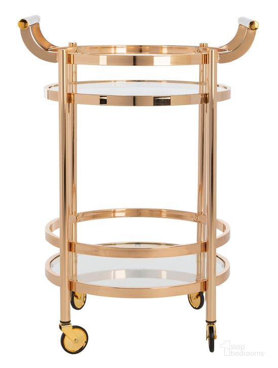 The appearance of Sienna Gold 2 Tier Round Bar Cart designed by Safavieh in the modern / contemporary interior design. This gold piece of furniture  was selected by 1StopBedrooms from Sienna Collection to add a touch of cosiness and style into your home. Sku: BCT8001B. Product Type: Bar Cart. Material: Iron. Image1