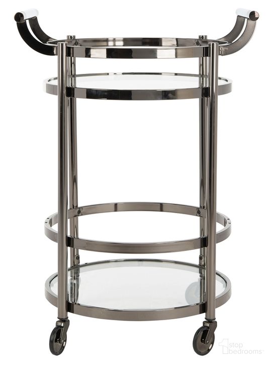 The appearance of Sienna Gun Metal 2 Tier Round Bar Cart designed by Safavieh in the modern / contemporary interior design. This gun metal piece of furniture  was selected by 1StopBedrooms from Sienna Collection to add a touch of cosiness and style into your home. Sku: BCT8001A. Product Type: Bar Cart. Material: Iron. Image1