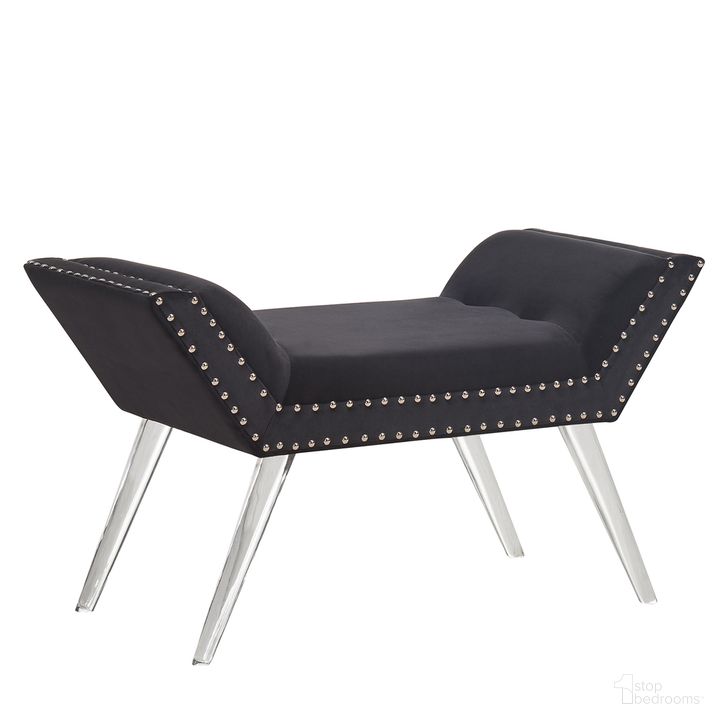 The appearance of Silas Ottoman Bench In Black Tufted Velvet with Nailhead Trim and Acrylic Legs designed by Armen Living in the glam interior design. This black piece of furniture  was selected by 1StopBedrooms from Silas Collection to add a touch of cosiness and style into your home. Sku: LCSIBEBL. Product Type: Bench. Material: Acrylic. Image1