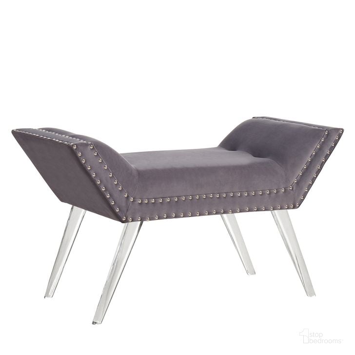 The appearance of Silas Ottoman Bench In Gray Tufted Velvet with Nailhead Trim and Acrylic Legs designed by Armen Living in the glam interior design. This gray piece of furniture  was selected by 1StopBedrooms from Silas Collection to add a touch of cosiness and style into your home. Sku: LCSIBEGRAY. Product Type: Bench. Material: Acrylic. Image1
