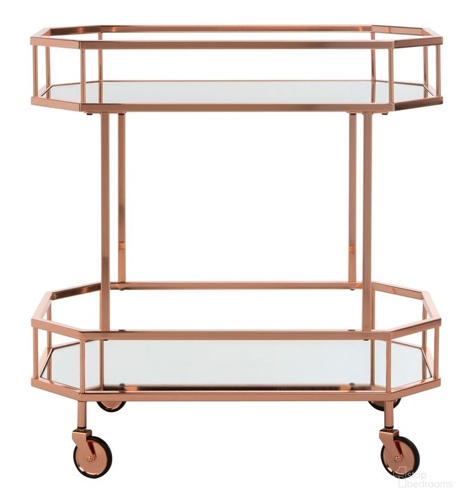 The appearance of Silva Rose Gold/Mirror 2 Tier Octagon Bar Cart designed by Safavieh in the modern / contemporary interior design. This rose gold piece of furniture  was selected by 1StopBedrooms from Silva Collection to add a touch of cosiness and style into your home. Sku: BCT8004A. Product Type: Bar Cart. Material: Iron. Image1