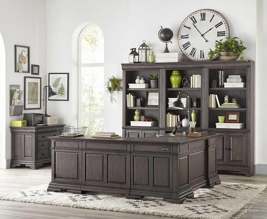 The appearance of Sinclair Ash Grey L Shaped Home Office Set designed by Aspenhome in the traditional interior design. This gray piece of furniture  was selected by 1StopBedrooms from Sinclair Collection to add a touch of cosiness and style into your home. Sku: I224-307;I224-308;I224-378. Material: Wood. Product Type: Home Office Set. Image1