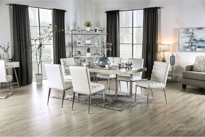 The appearance of Sindy Light Gray And Chrome Rectangular Dining Room Set designed by Furniture of America in the modern / contemporary interior design. This chrome and gray piece of furniture  was selected by 1StopBedrooms from Sindy Collection to add a touch of cosiness and style into your home. Sku: FOA3798T-1;FOA3798T-2;FOA3746SC-2PK. Material: Wood. Product Type: Dining Room Set. Size: 38". Image1